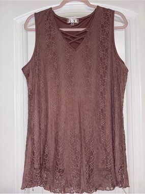 Sleeveless Lace Overlay Tank Top - Mauve with Crisscross Neck